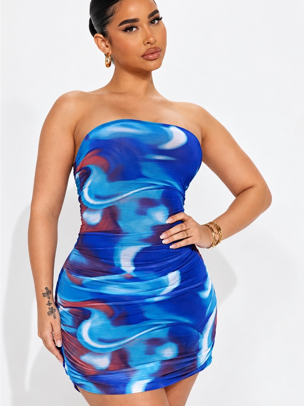VACATION RESORT WEAR  Blue & Red Strapless Ruched Dress